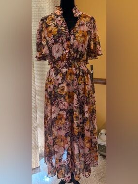 Stella & Julie NWT Floral Ruffled Midi Dress in Pink & Mustard